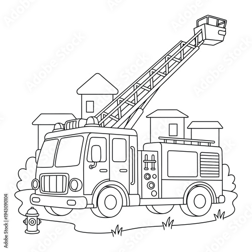 Fire truck coloring page illustration of ladder rescue vehicle in city line art scene