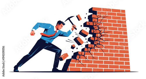 Man Breaking Brick Wall with Hammer.