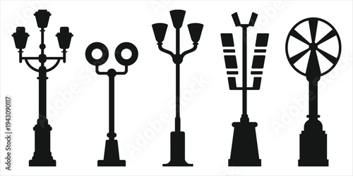 Collection of Five Black Silhouettes of Vintage and Modern Street Lamps lamppost light