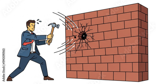 Man Breaking Brick Wall with Hammer.