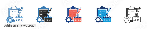 Vector icons for project planning, task management, and scheduling. Features clipboard, pencil, calendar, and gear, illustrating efficient workflow and process organization