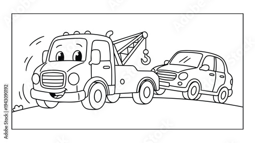 Tow truck coloring page illustration towing broken car on roadside scene
