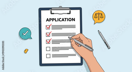 Close up of human hand filling out application form checklist on clipboard with legal and approval icons around it.