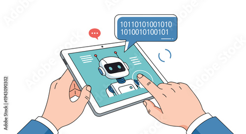 Hands holding digital tablet interacting with artificial intelligence robot interface and binary code speech bubbles.