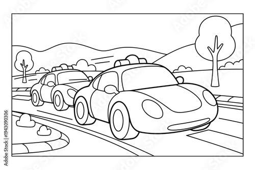 Police car convoy coloring page illustration with patrol vehicles on highway road