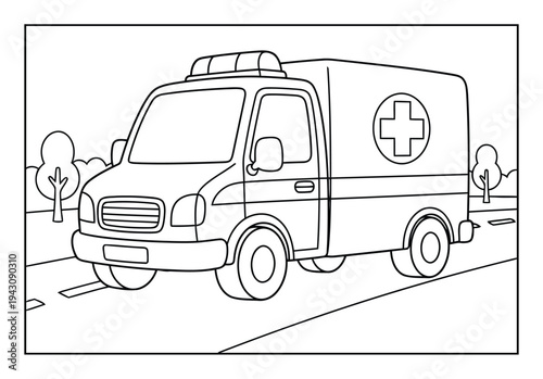 Ambulance coloring page illustration emergency medical vehicle on road scene