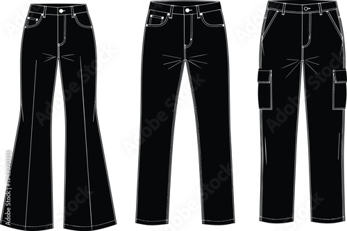 Set of black denim pants technical sketches featuring flared bell bottoms slim straight fit jeans and utility cargo pocket trousers