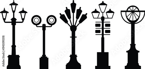 Collection of five distinct black silhouette street lamp designs on white background Keywords: street lamp, lamppost, lamp post