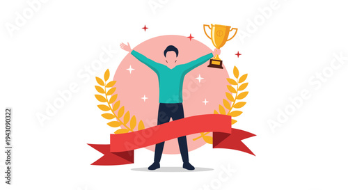 Victorious man celebrating achievement while holding golden trophy cup surrounded by laurel wreath and pink circle.