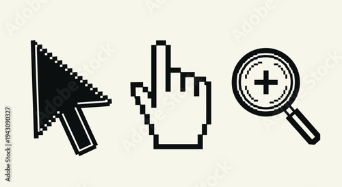 Set of classic black and white pixel art computer cursors including arrow pointer hand clicker and magnifying glass.