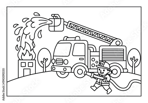 Fire truck coloring page illustration with firefighter spraying water on burning house