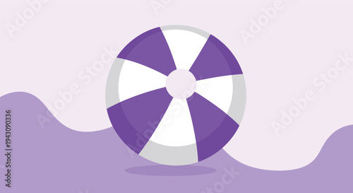 Inflatable purple and white striped beach ball resting on light purple wavy background suitable for summer theme.