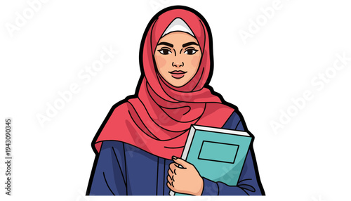 A Muslim woman wearing a hijab holding a book illustration vector