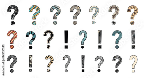 Large collection of hand drawn question marks and exclamation points in various textures and colors arranged in rows.