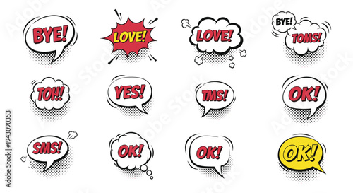 Collection of colorful comic book style speech bubbles containing common expressions like love bye okay and sms text.