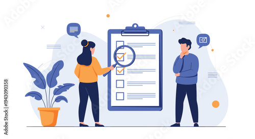 Business man and woman analyzing large checklist document on clipboard using magnifying glass to verify data points.