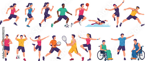 Active People in Various Sports and Physical Activities Including Running, Swimming, Soccer, Tennis, and Wheelchair Sports