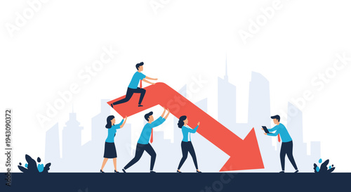 Group of business professionals working together to push up and stop falling red arrow against city skyline.