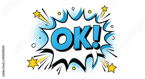 Bold blue okay text in comic book style speech bubble with yellow stars and halftone pattern on white background.