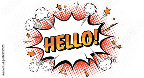 Vibrant pop art illustration featuring the word hello in a comic style speech bubble with explosive stars and clouds.