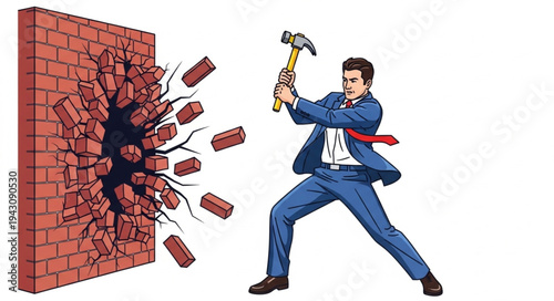 Man Breaking Brick Wall with Hammer.