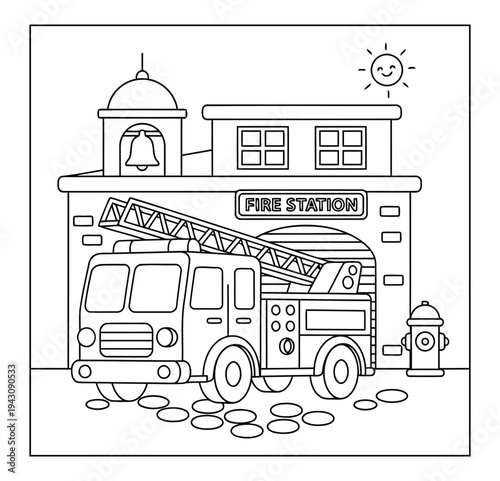 Fire truck coloring page illustration with ladder parked outside fire station