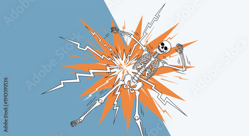 Graphic illustration of a human skeleton experiencing a powerful electric shock with bright orange and white flashes.