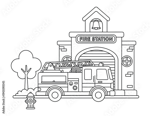Fire truck coloring page illustration parked outside classic fire station building
