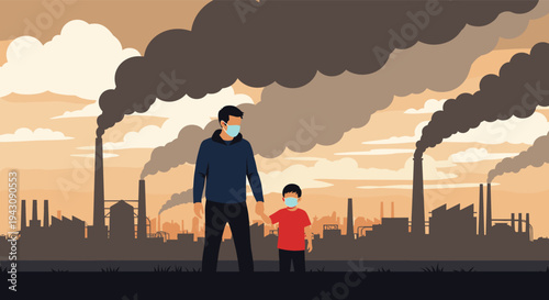 Concerned father and son wearing protective masks while standing in front of a heavily polluted city with industrial smog.