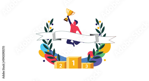Triumphant athlete jumping over a finishing line with a trophy and laurel wreath above a winners' podium with numbers.