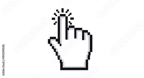 Pixelated white hand cursor icon shown in a clicking motion with black lines radiating from the pointed index finger.