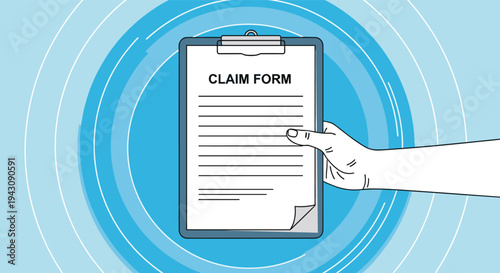 Hand holding a clipboard with a claim form title against a background of concentric blue circles representing a process.