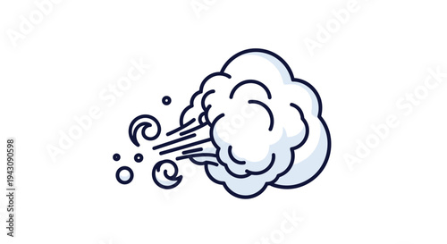 Simple cartoon illustration of wind blowing a white cloud with stylized swirling air currents and small blue circles.