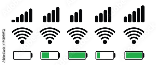 Black and green minimalist vector icon set, featuring mobile network bars, Wi-Fi signal, and battery level symbols, ideal for technology apps, device monitoring, and UI/UX design elements.