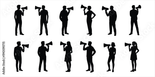 Collection of People Silhouettes Holding Megaphones on White Background person woman