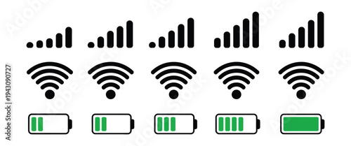 black and green vector icons, showing mobile signal strength, Wi-Fi connectivity, and battery charge levels, perfect for app interfaces, technology dashboards, device status indicators, and digital 