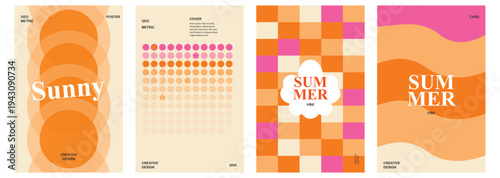 Set of Four Retro Sunny Summer Themed Posters Featuring Geometric Shapes and Groovy Wave Patterns in Vibrant Orange and Pink Tones
