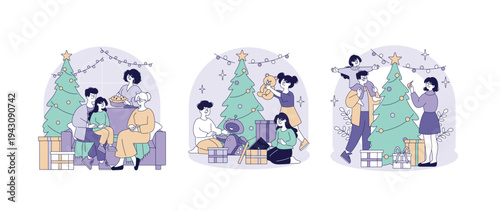 Family Celebrating Christmas with Tree and Gifts Vector
