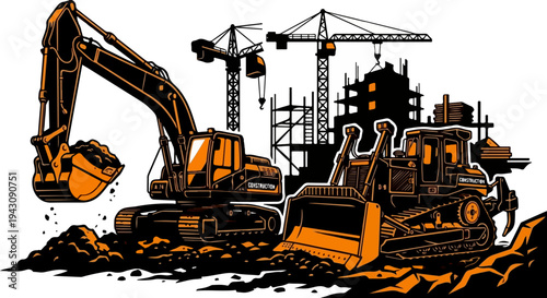 Modern Heavy Equipment Excavator Bulldozer Silhouette Design