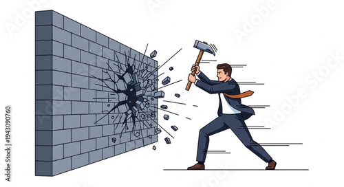 Man Breaking Brick Wall with Sledgehammer.