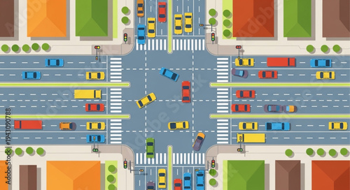 Aerial View of Busy City Intersection with Cars.