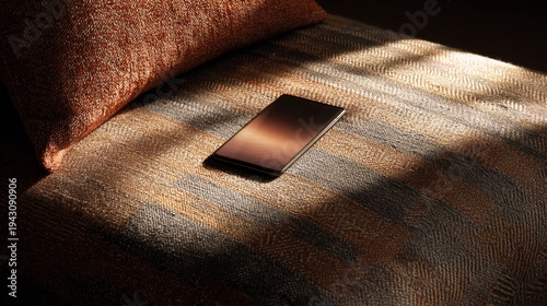 A sleek, rectangular device rests on a textured fabric surface, bathed in warm sunlight
