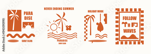 Collection of Summer Surf Club Graphic T-Shirt Designs with Palm Trees Waves and Sun in Burnt Orange for Coastal Lifestyle Branding