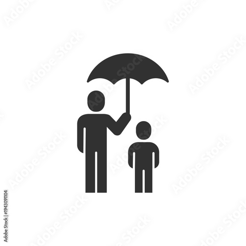 Adult protecting child with umbrella icon. Family protection and safety concept. Monochrome black and white symbol