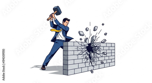 Man Breaking Brick Wall with Sledgehammer.