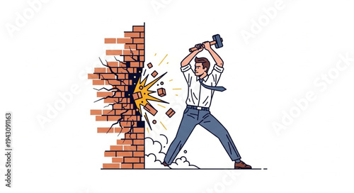 Man Breaking Brick Wall with Sledgehammer.