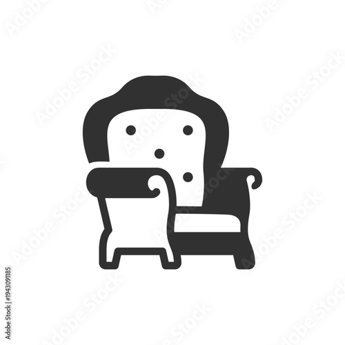 Classic vintage armchair icon. Decorative upholstered lounge chair furniture. Monochrome black and white symbol