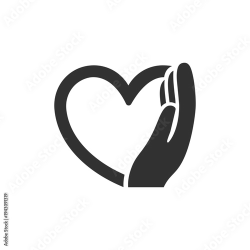 Hand holding heart icon. Love care and emotional support. Monochrome black and white symbol