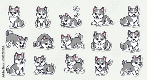 Collection of Adorable Husky Puppy Illustrations in Various Poses.