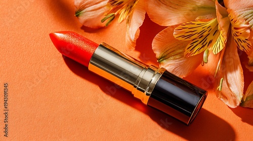 A vibrant red lipstick next to delicate orange flowers set against a warm orange background